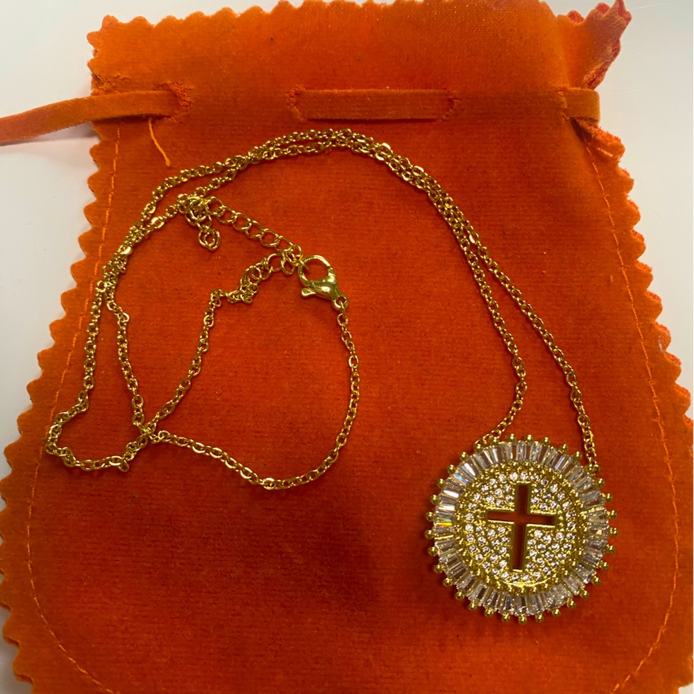Gold Baguette Iced Out Cross Necklace